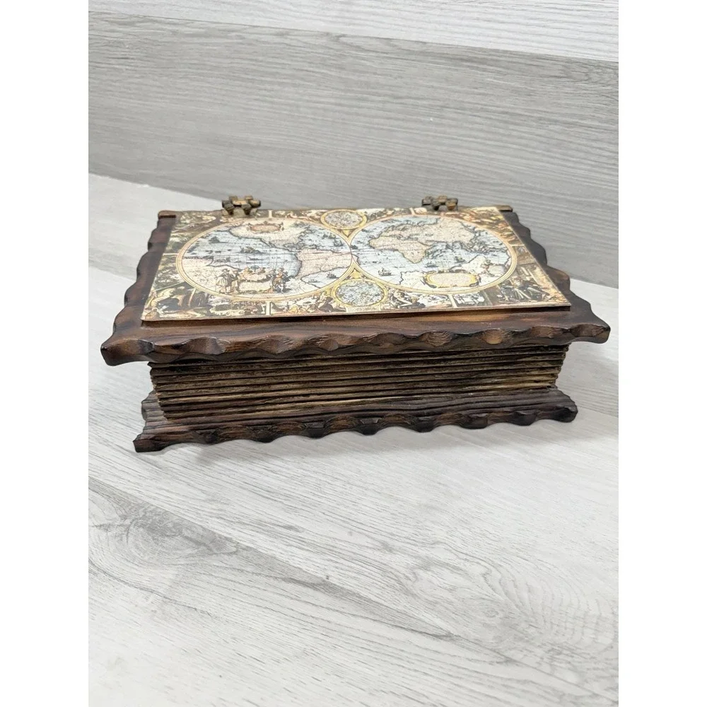 Antique World Map Wood Jewelry Box Handcrafted Book Style